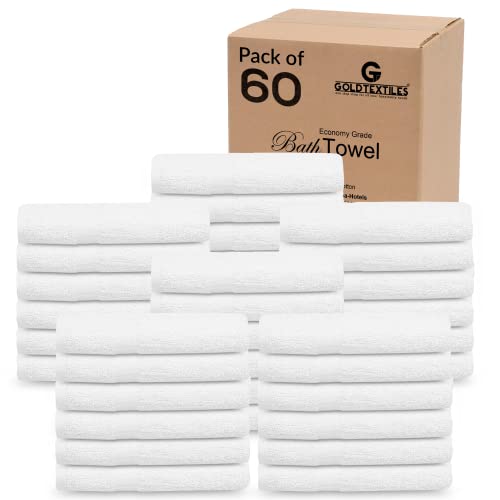 GOLD TEXTILES 60 Pack White Hotel Bath Towels Bulk 20x40 Inches - Cotton Blend Economy Cheap Bath Towels for Commercial Uses, Gym, Salon, Spa & Hair - Lightweight Bath Towels Quick Drying (60 White)