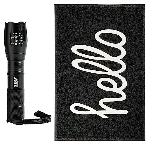 Gorilla Grip LED Flashlight and Hello Doormat, Flashlight 750 FT Zoom in Black, Welcome Mat in Size 30x17 Inch Washable in Black White, 2 Item Bundle