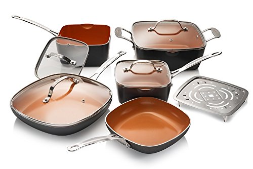 Gotham Steel 10-Piece Square Kitchen Set with Non-Stick Ti-Cerama Coating– 25% More Cooking Space than Round - Includes Skillets, Fry Pans, Stock Pots and Steamer, As Seen on TV - Graphite