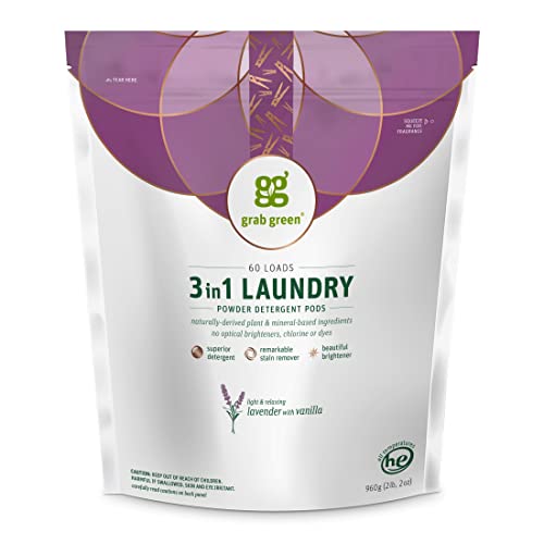 Grab Green 3-in-1 Laundry Detergent Pods, 60 Count, Lavender Vanilla Scent, Plant and Mineral Based, Superior Cleaning Power, Stain Remover, Brightens Clothes