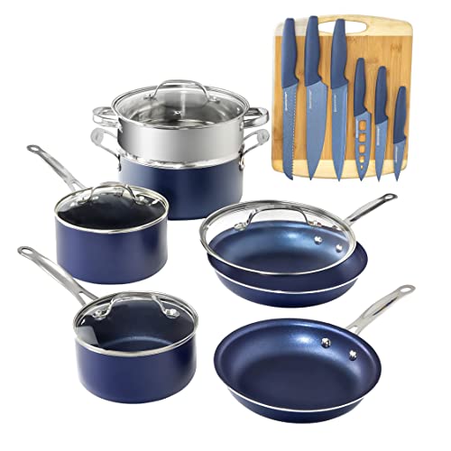 Granitestone 17 Piece Complete Nonstick Cookware Set - Includes 10 Piece Pots and pans Set + 6 Piece Knife Set and 1 Cutting Board, 100% PFOA Free, Stay Cool Handles, Oven & Dishwasher Safe, Blue