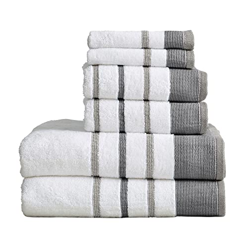 Great Bay Home Towel, 6-Piece Luxury Hotel/Spa Cotton Striped Towel Set, 500 GSM. Includes Bath Towels, Hand Towels and Washcloths, Noelle Collection, Dark Grey/Light Grey