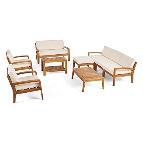Great Deal Furniture Sally 7-Seater Sectional Sofa Set for Patio with Loveseat, Club Chairs, Ottoman, and Coffee Tables, Acacia Wood, Teak Finish with Beige Outdoor Cushions