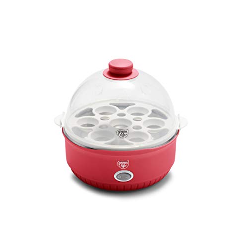 GreenLife Rapid Egg Cooker, 7 Egg Capacity for Hard Boiled, Poached, Scrambled and Omelet Tray, Easy One Switch, Dishwasher Safe Parts, BPA-Free, Red