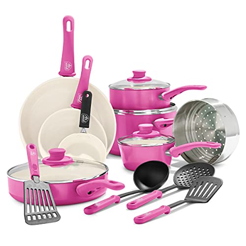 GreenLife Soft Grip Healthy Ceramic Nonstick 16 Piece Kitchen Cookware Pots and Frying Sauce Pans Set, PFAS-Free, Dishwasher Safe, Bright Pink