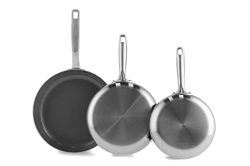 GreenPan Chatham Tri-Ply Stainless Steel Healthy Ceramic Nonstick 8" 9.5" and 12" 3 Piece Frying Pan Skillet Set, PFAS-Free, Multi Clad, Induction, Dishwasher Safe, Oven and Broiler Safe, Silver