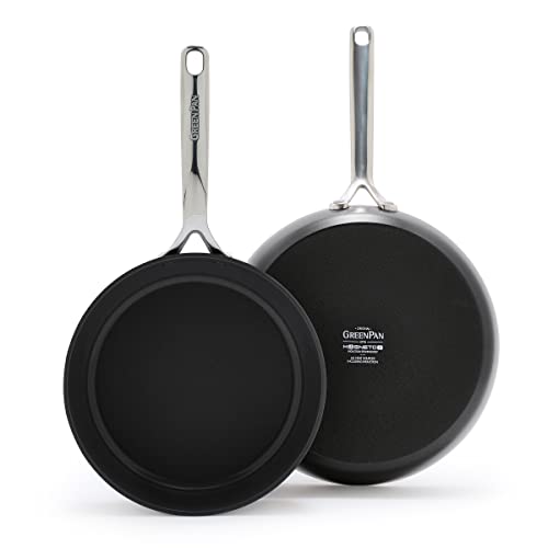 GreenPan GP5 Hard Anodized Healthy Ceramic Nonstick 9.5” & 11” 2 Piece Frying Pan Skillet Set,Heavy Gauge Scratch Resistant, Stay Flat Surface,Induction, Mirror Finish Handle,Oven Safe,PFAS-Free,Black