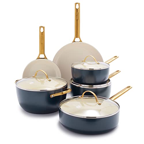 GreenPan Reserve Hard Anodized Healthy Ceramic Nonstick 10 Piece Cookware Pots and Pans Set, Gold Handle, PFAS-Free, Dishwasher Safe, Oven Safe, Twilight Blue