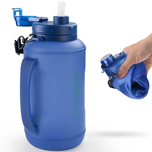 GUIMAUVE Collapsible Water Bottles 64 OZ with Motivational Time Marker, Leakproof Valve BPA Free Silicone Half Gallon Water Bottle with Straw for Yoga Camping Outdoors (BLUE)