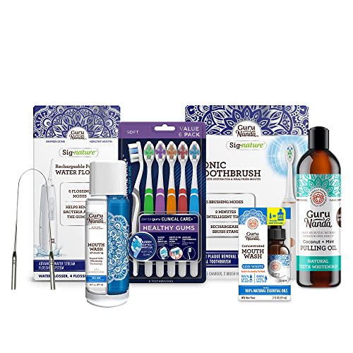 GuruNanda PoshMama 3.0 Complete Oral Care Kit with CocoMint Pulling Oil & Tongue Scraper, Butter on Gums & Sonic Toothbrush, Portable Water Flosser, Concentrated Mouthwash & Dual Barrel Mouthwash