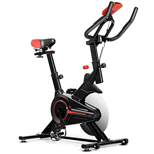 GYMAX Indoor Cycling Bike, Stationary Exercise Bike with LCD Monitor, Heart Pulse Sensor & Comfortable Seat Cushion for Home Workout