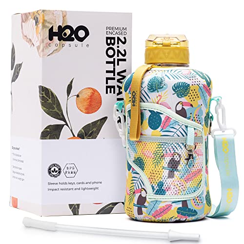 H2O Capsule 2.2L Half Gallon Water Bottle with Storage Sleeve and Removable Straw – BPA Free Large Reusable Drink Container with Handle - Big Sports Jug, 2.2 Liter (74 Ounce), Tropical Party
