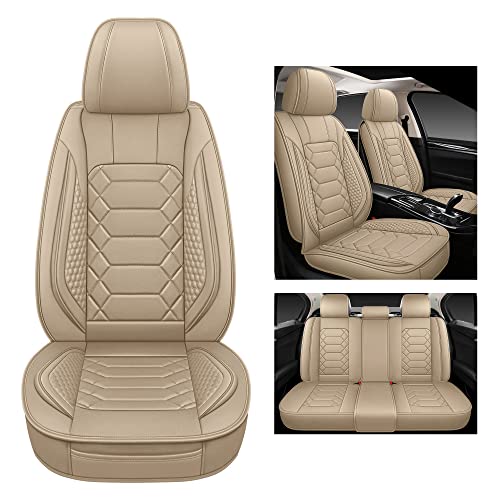 HAIYAOTIMES Leather Car Seat Covers Full Set, Waterproof Faux Leather Seat Covers for Cars, Non-Slip Car Interior Covers Universal Fit for Most Cars Sedans Trucks SUVs, Beige