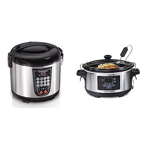 Hamilton Beach Digital Programmable Rice and Slow Cooker & Food Steamer, 20 Cups Cooked, Stainless Steel & Portable 6 Quart Set & Forget Digital Programmable Slow Cooker, Stainless Steel