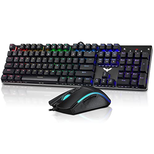 havit Mechanical Keyboard and Mouse, Wired Gaming Keyboard Blue Switch 104 Keys Rainbow Backlit Keyboard and 7 Button Wired Mouse 4800 DPI for PC Computer Gamer (Black)