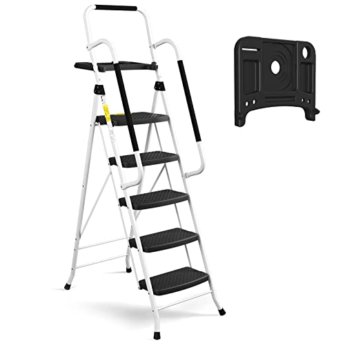 HBTower 5 Step Ladder with Handrails, Folding Step Stool with Tool Platform, 330 LBS Portable Steel Ladder for Adults for Home Kitchen Library Office, White