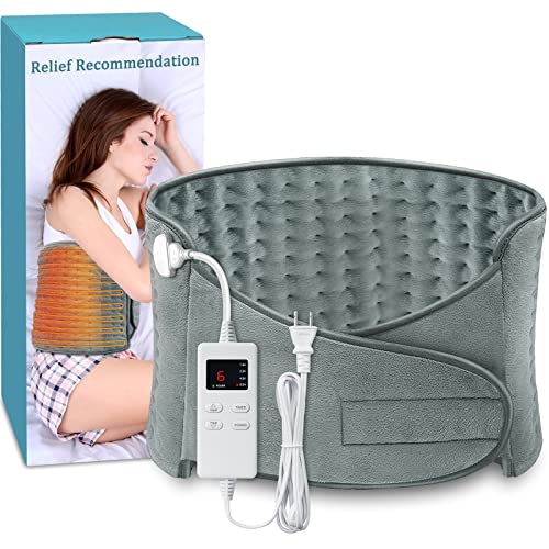 Heating Pad for Back Pain and Cramps Relief, (12"x24"+20'') Large Menstrual Heating Pad with 4 Timer Auto Shut Off & 6 Heat Setting Electric Heat Pad with Belt, Dry & Moist Therapy