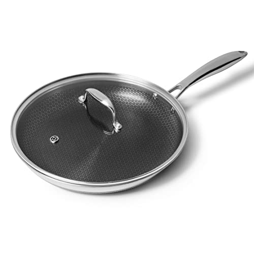 HexClad 12 Inch Hybrid Stainless Steel Frying Pan and Glass Tempered Lid with Stay-Cool Handles