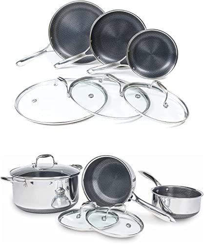 HexClad 12 Piece Hybrid Stainless Steel Cookware Set - 6 Piece Frying Pan Set and 6 Piece Pot Set with Lids, Stay Cool Handles, Dishwasher Safe, Induction Ready, Metal Utensil Safe