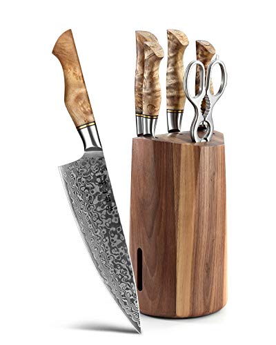 HEZHEN 7PCS Kitchen Knives Set Professional Forging Damascus High Carbon Steel Chef Knife Santoku Bread Knife Utility Knife Fruit Knife 3cr14 Multifunctional Kitchen Scissors 6Slot Black Walnut Block