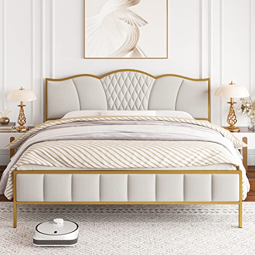 HITHOS Queen Size Bed Frame, Modern Upholstered Bed Frame with Tufted Headboard, Heavy Duty Platform Bed with Wood Slat Support, Noise Free, No Box Spring Needed (Light Grey, Queen)