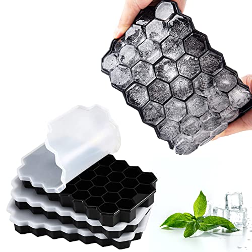 Hocerlu Ice Cube Trays, 3 Pack Silicone Small Ice Cube Trays with Removable Lid, Easy-Release & Flexible Hexagonal 37-Ice Cube Molds, Stackable for Freezer, Chilled Drinks, Whiskey, Cocktail - Black
