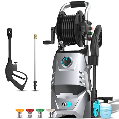 Homdox HX3000 1800W High Electric Power Washer with 16.4FT Cord and 19.7FT Pressure Hose, 250ML Soap Bottle, Best for Car/Driveway/Garden Cleaning, with Hose Reel (Green)
