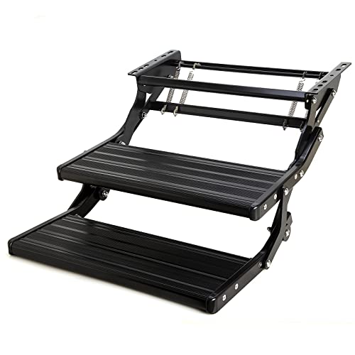 Homeon Wheels RV Steps Foldable Drop Down Double Manual Steps, One-Hand Expand or Collapse Anti-Slip Camper Ladders for Camping Travel Trailers, RV Accessories Black Powder Coat