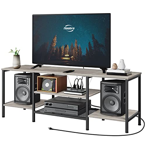 HOOBRO TV Stand with Power Outlets to 65 Inches, TV Console Table with Open Storage Shelves Cabinet, Industrial Media Entertainment Center for Living Room Bedroom, Greige and Black BG40DS01