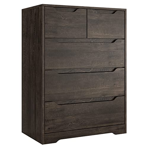 HOSTACK Modern 5 Drawer Dresser, Chest of Drawers with Storage, Wood Clothing Organizer with Cut-Out Handles, Accent Storage Cabinet for Living Room, Bedroom, Hallway, Dark Brown