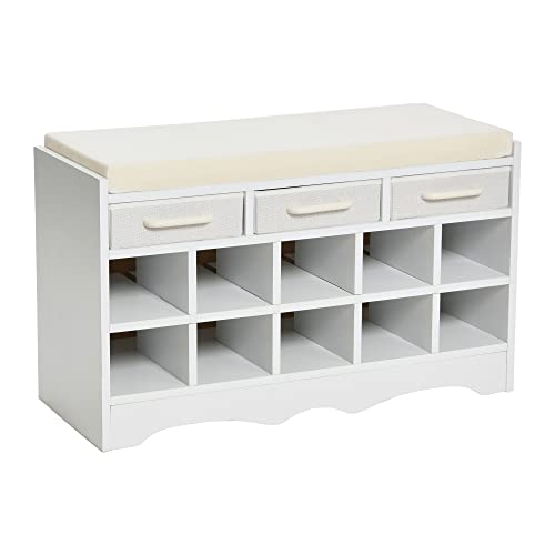 Household Essentials Entryway Storage Bench with 3 White Drawers 10 Shoe Compartments and Cushioned Seat in Scandinavian White