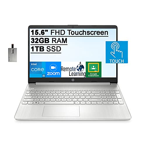 HP 2022 15.6" FHD Touchscreen Laptop, Intel Core i5-1135G7 Processor, 32GB DDR4 RAM, 1TB SSD, Intel Iris Xe Graphics, HD Webcam, HD Audio, USB-C, Windows 11, Silver, 32GB SnowBell USB Card