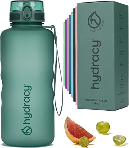 Hydracy Water Bottle with Time Marker -Large Half Gallon 64oz BPA Free Bottle & No Sweat Sleeve -Leak Proof Gym Bottle with Fruit Infuser Strainer & Times to Drink -Ideal Gift for Sports & Outdoors