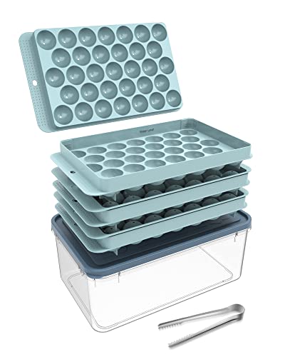 Icediver Circle Ball Ice Trays for Freezer with Lid & Bin, Sphere Ice Cube Mold Making 99 x 1.0IN Small Round Ice Cubes(Updated Blue Ice Trays, 1 Ice Bucket & Tongs)