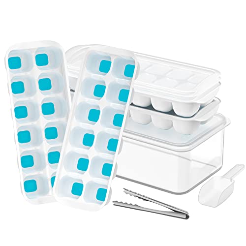 ICEXXP 4 Pack Ice Cube Tray with Lid and Bin, Ice Cube Trays for Freezer with Ice Box, Silicone Ice Trays with Ice Container for Cocktails, Stackable Ice Tray with Storage Ice Bucket, Ice Tong & Scoop