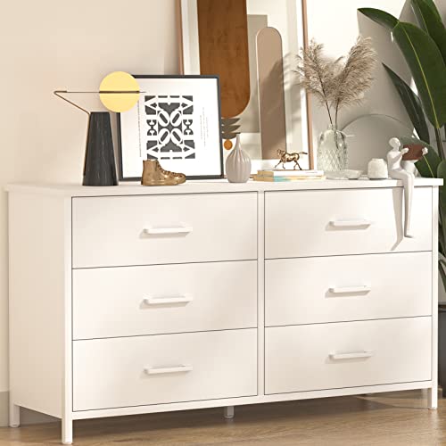 IKENO 6 Drawer White Dresser, Industrial Wood Dresser for Bedroom, Sturdy Steel Frame