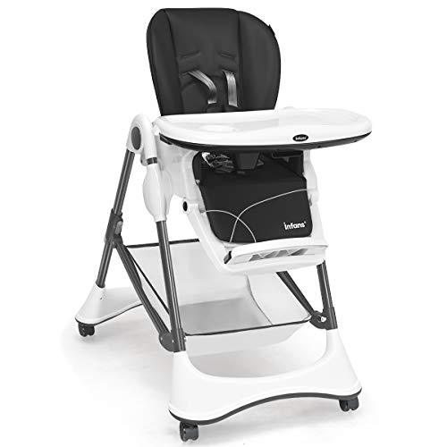 INFANS High Chair with One-Hand Removable Tray, 4 Lockable Wheels & Large Storage Basket - Multi-Adjustable Height, Recline & Footrest, Removable Cushion, Foldable for Baby, Infant& Toddler, Grey