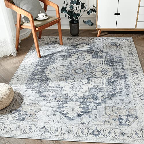 jinchan Area Rug 8x10 Persian Rug Vintage Rug Indoor Floor Cover Grey Multi Print Distressed Carpet Gray Thin Rug Chenille Mat Foldable Accent Rug Lightweight Kitchen Living Room Bedroom Dining Room