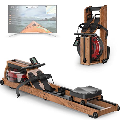 JOROTO Water Rowing Machine for Home Use, Oak Wood Foldable Rower Machine 330lbs Weight Capacity with Bluetooth Monitor, Phone Holder, Heart Rate Belt