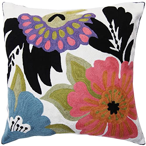 Kashmir Designs Daisy Floral Pillow Cover | Hand Embroidered Flower Throw Pillow Case | Floral Outdoor Pillows |Suzani Cushions | Modern Flower Throw Pillow | Floral Chair Cushion | Wool Size - 18x18