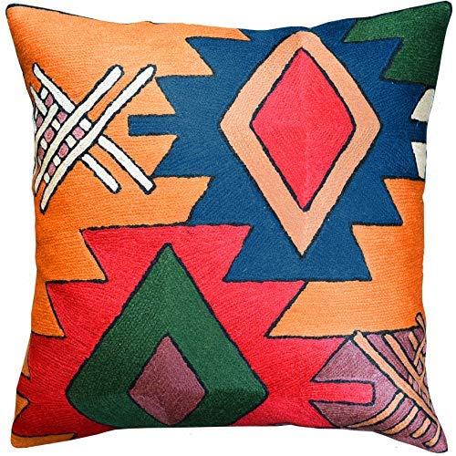 Kashmir Designs Geometric Throw Pillow Cover | Teal Butterfly Kilim Pillows | Southwestern Pillows | Tribal Aztec Pillows | Suzani Chair Cushion | Southwestern Decor | Hand Embroidered Wool Size 18x18
