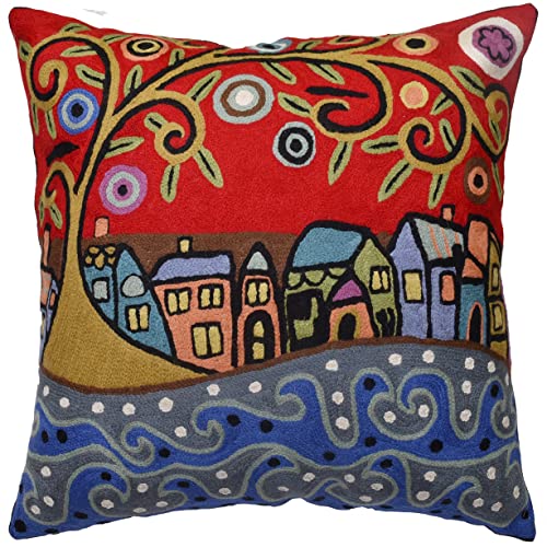 Kashmir Designs Red Town Tree of Life Pillow Cover | Karla Gerard | Red Coastal Pillow by Sea | Plant Tree Chair Cushion | Farmhouse Throw Pillows | Hand Embroidered Cushions Wool Size - 18x18