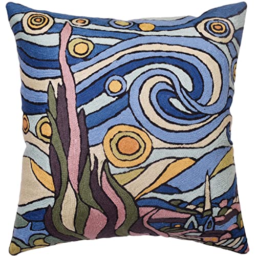 Kashmir Designs Van Gogh Starry Night Pillow Cover | Blue Artwork Pillows | Art Deco Couch Cushion| Accent Throw Pillows | Flower Outdoor Pillow | Mid Century Chair Cushions | Handmade Wool Size 18x18
