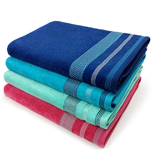 Kaufman - Ultrasoft, Luxurious 4 Pack 100% Combed Ring Spun Yarn dye Cotton Velour Generously Sized 35"x70" Highly Absorbent, Quick Dry Solid Color Towel with Decorative Dobby (Multi)