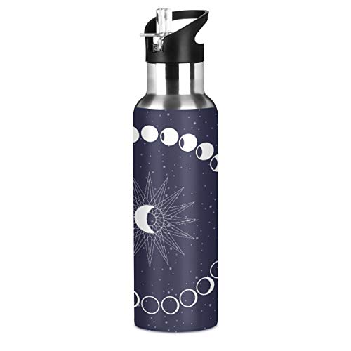 KEEPREAL Moon Phases Circle Water Bottle with Straw Lid for Fitness Gym Camping Outdoor Sports, Wide Mouth Vacuum Insulated 18/8 Stainless Steel, 22 oz