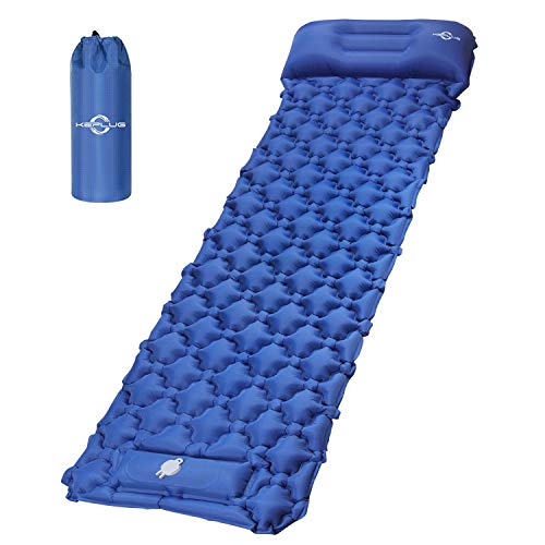 KEPLUG Inflatable Sleeping Pad for Camping, Ultralight Waterproof Sleeping Mat w/Pillow, Foot Pump Quick Inflation & Deflation, Thick Air Mattress for Backpacking Hiking Tent Travel - Blue