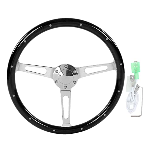 KIMISS Steering Wheel, 380mm 15in Classic Steering Wheel Assembly Walnut Grip 3 Spoke Riveted 6 Hole Universal Modification(Black) (Black)