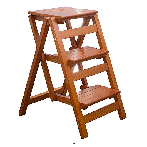 KINGBO Step Stool for Adults/Step Ladder/Counter Chair, 3-Step Folding Portable Wooden Step Stool, Anti-Slip & Lightweight (Nut - Brown)