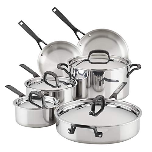 KitchenAid 5-Ply Clad Stainless Steel Cookware Pots and Pans Set, 10 Piece, Polished Stainless