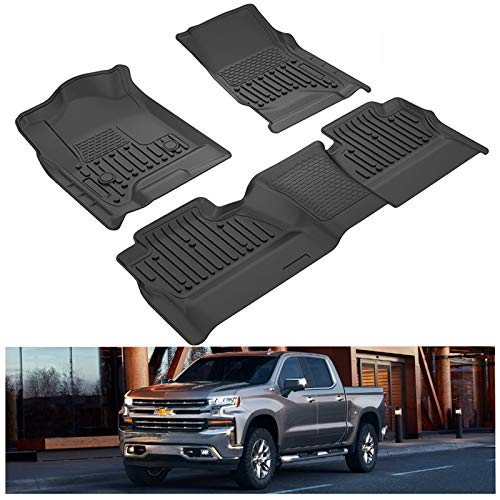 KIWI MASTER Floor Mats Compatible for 2014-2018 Chevy Silverado/GMC Sierra 1500 Crew Cab, 2015-2019 Silverado/Sierra 2500/3500 HD Crew Cab Front & 2nd Seat 2 Row All Weather Mat Liners Black